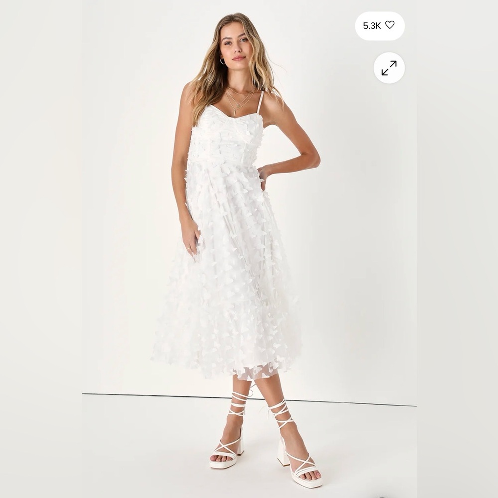 Lulu Time to Fly White Butterfly Lace-Up Midi Dress